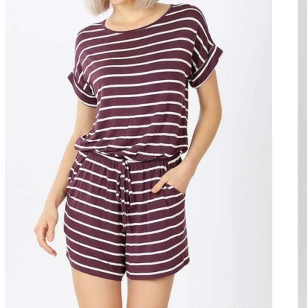 Zenana Purple And White Striped Romper